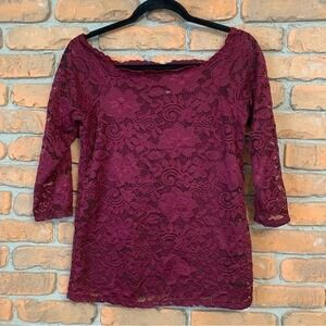 Maurices Womens Lace Top Blouse Size Small‎ S Burgundy 3/4 Sleeve Floral Boho